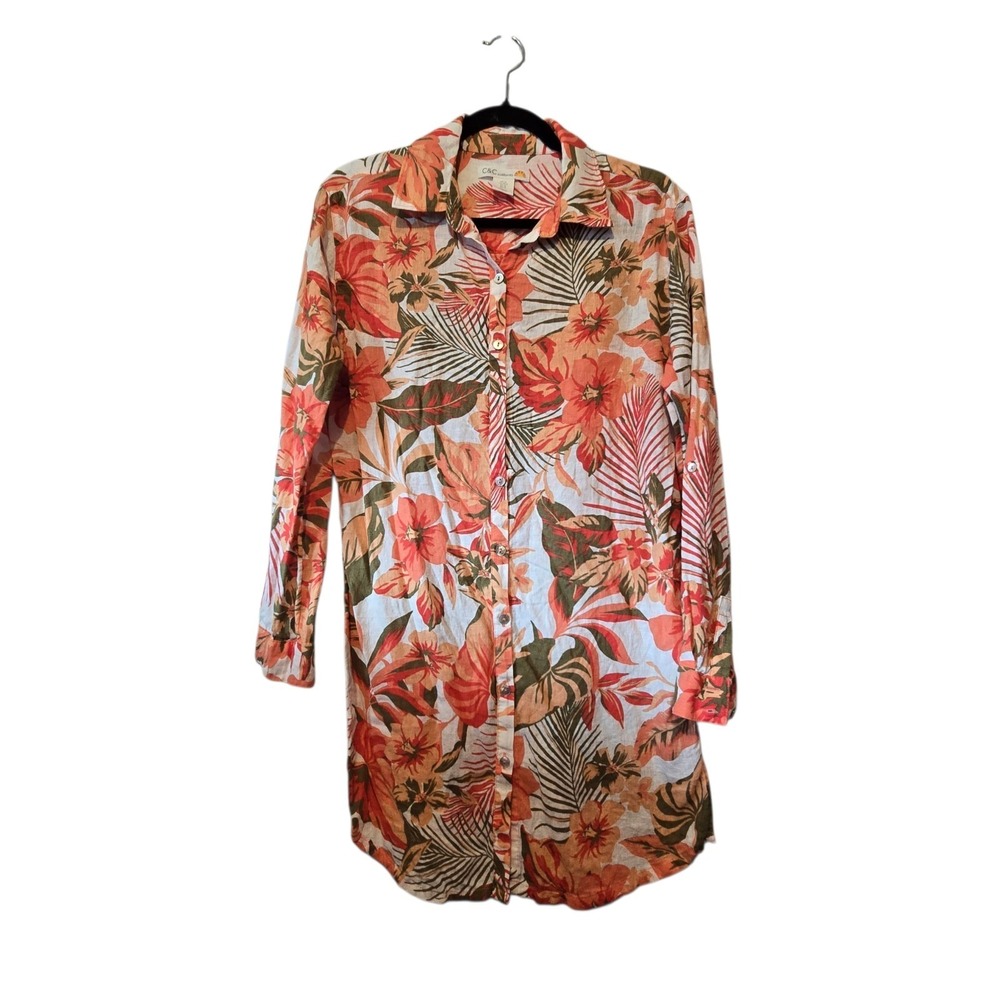 C&C California Linen Floral Shirt Dress MED Orange Tropical‎ Roll Tab Slv Resort